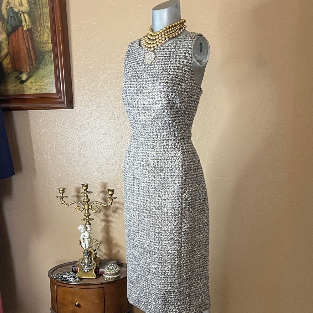 J. Crew Collection Gold Tweed Midi Pencil Dress.  Sz 6 - Picture 2 of 7